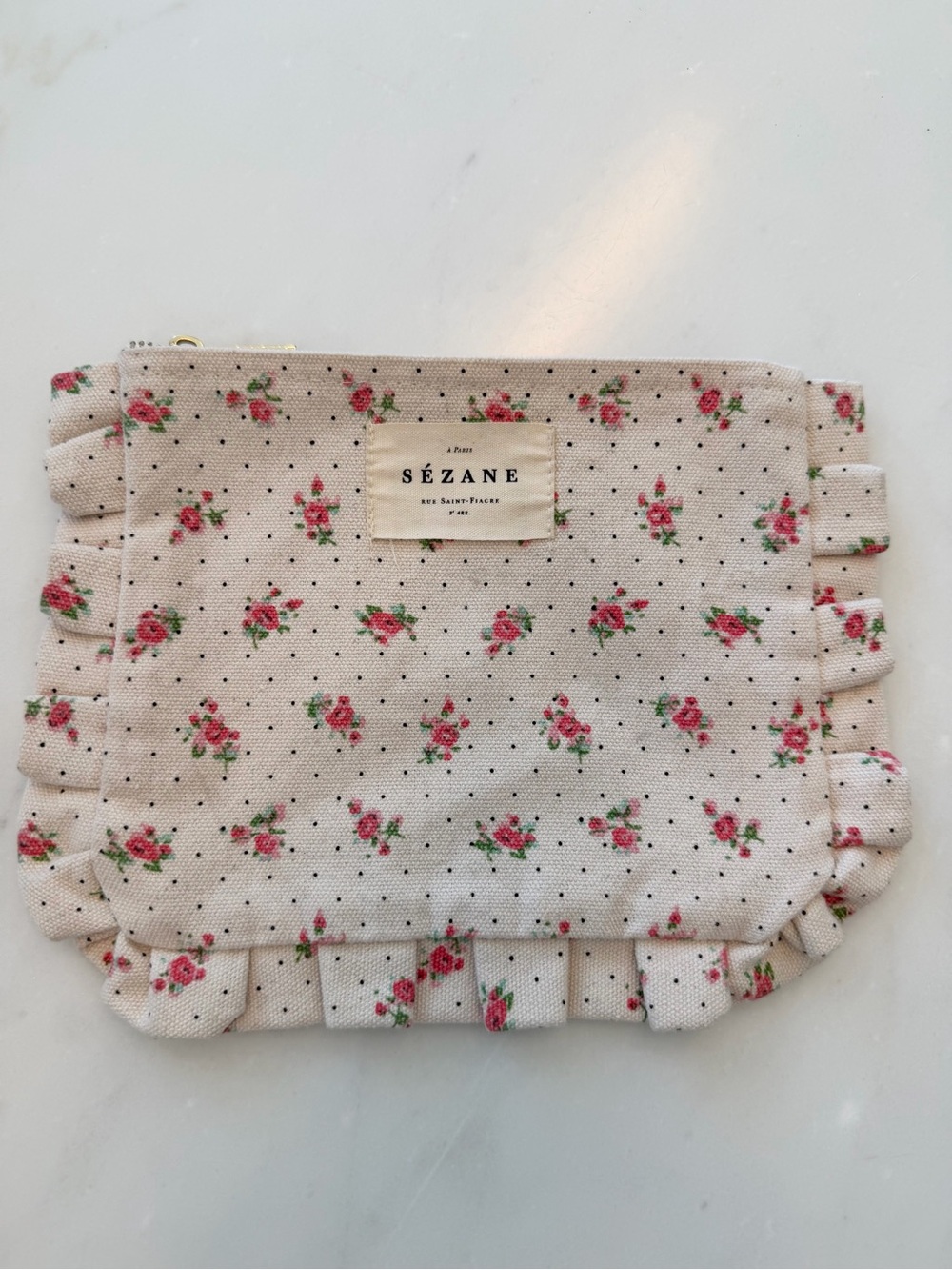 Sezane Floral Ruffle Cosmetic Pouch - Cream Pink